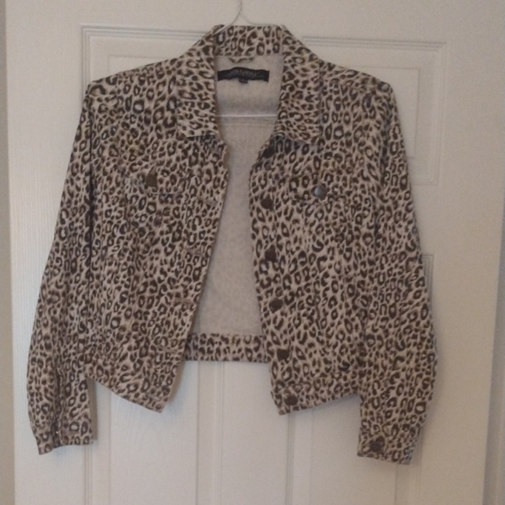Jou Jou Beige and Brown Leopard Print Cropped Jean Jacket